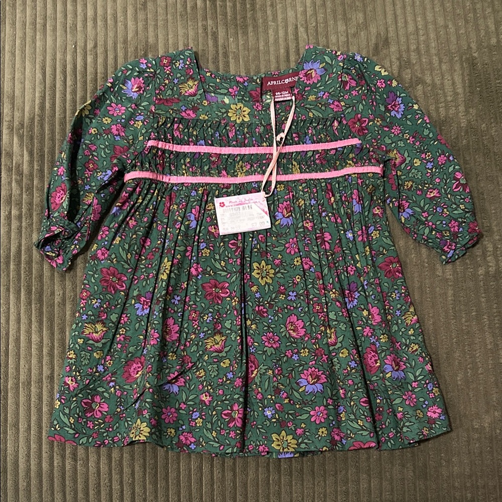 April Cornell Green Floral Cotton Dress with Pink Trim